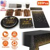 201PCS Black Gold Birthday Party Supplies For 25 Guests Happy Birthday Disposable Dinnerware Set Paper Plates 9OZ Cups Straws Napkins Forks Knives Spo
