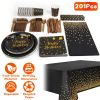 201PCS Black Gold Birthday Party Supplies For 25 Guests Happy Birthday Disposable Dinnerware Set Paper Plates 9OZ Cups Straws Napkins Forks Knives Spo