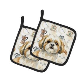 Gold and White Shih Tzu Coffee Bar Pair of Pot Holders Pair 7.5x7.5 Quilted Insulated Hot Pads Decorative Kitchen Gift Made in USA