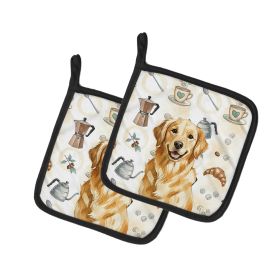 Golden Retriever Coffee Bar Pair of Pot Holders Pair 7.5x7.5 Quilted Insulated Hot Pads Decorative Kitchen Gift Made in USA