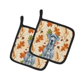 Blue Great Dane Heirloom Fall Pair of Pot Holders Pair 7.5x7.5 Quilted Insulated Hot Pads Decorative Kitchen Gift Made in USA