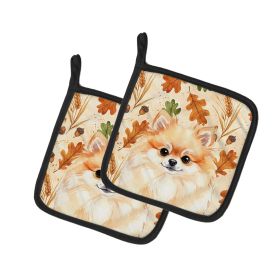Pomeranian Heirloom Fall Pair of Pot Holders Pair 7.5x7.5 Quilted Insulated Hot Pads Decorative Kitchen Gift Made in USA