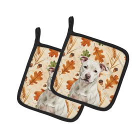 White Staffordshire Bull Terrier Heirloom Fall Pair of Pot Holders Pair 7.5x7.5 Quilted Insulated Hot Pads Decorative Kitchen Gift Made in USA