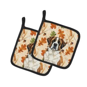 Brindle and White Saint Bernard Heirloom Fall Pair of Pot Holders Pair 7.5x7.5 Quilted Insulated Hot Pads Decorative Kitchen Gift Made in USA