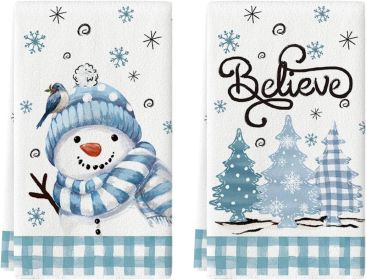 Beige Blue Xmas Tree Snowman Christmas Kitchen Towels Dish Towels, 18x26 Inch Holiday Bird Believe Winter Decoration Hand Towels Set of 2