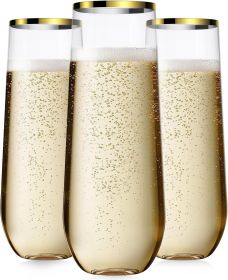 24 Pcak Champagne Flutes Plastic, 9 Oz Disposable Stemless Mimosa Gold Rim Toasting Glasses