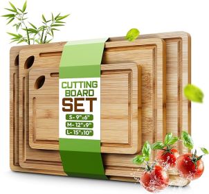 Bamboo Cutting Board Set of 3 (15x10, 12x9, 9x6) – Extra-Thick, Deep Juice Groove Wood Cutting Boards – Knife-Friendly for Kitchen Prep
