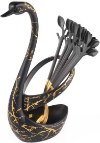 Small Coffee Spoon Holder Set,Black Swan Base With 10 Pcs Black & Gold Demitasse Espresso Spoons Set,4.7" Mini Leaf Dessert Spoon