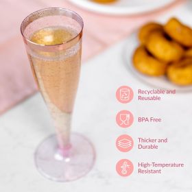 Set of 24 Plastic Champagne Flutes Disposable - Silver Glitter Pink Champagne Glasses with Rose Gold Rim, Elegant Toasting Cups for Weddings