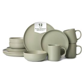 12-Piece Stoneware Dinnerware Sets with Mugs | Microwave & Dishwasher Safe | Non-Toxic Dinner Plates Bowls Set | Stackable Matte Glaze Kitchenware for