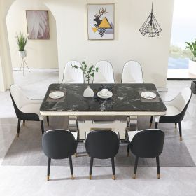 9 Pieces Luxury Black Dining Table Set, Modern 79" Rectangular Kitchen Table of 8 with Marble Top & Silver Stainless Steel Dual Circle Base