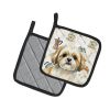 Gold and White Shih Tzu Coffee Bar Pair of Pot Holders Pair 7.5x7.5 Quilted Insulated Hot Pads Decorative Kitchen Gift Made in USA