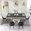 9 Pieces Luxury Black Dining Table Set, Modern 79" Rectangular Kitchen Table of 8 with Marble Top & Silver Stainless Steel Dual Circle Base