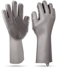1 Pair Silicone Brush Dishwashing Gloves Cleaning Sponge Pet Scrubber Heat Resistant Wash Gloves (Option: DishWashGloveGreyGPCT1944)