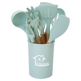 11Pcs Silicone Cooking Utensil Set Heat Resist Wooden Handle Silicone Spatula Turner Ladle Spaghetti Server Tongs Spoon Egg Whish Kitchenware Set w/ H (Option: UtensilSetLightGreenGPCT3024)
