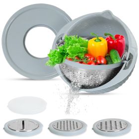 Multifunctional Mixing Bowl with Lid Set 3 Replaceable Graters Food Strainer and Colander Fruit Vegetable Washing Basket Stainless Steel (Option: ColanderBlueGPCT4598)