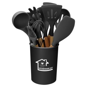 11Pcs Silicone Cooking Utensil Set Heat Resist Wooden Handle Silicone Spatula Turner Ladle Spaghetti Server Tongs Spoon Egg Whish Kitchenware Set w/ H (Option: UtensilSetBlackGPCT3024)
