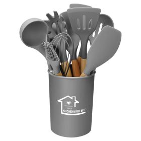 11Pcs Silicone Cooking Utensil Set Heat Resist Wooden Handle Silicone Spatula Turner Ladle Spaghetti Server Tongs Spoon Egg Whish Kitchenware Set w/ H (Option: UtensilSetGreyGPCT3024)
