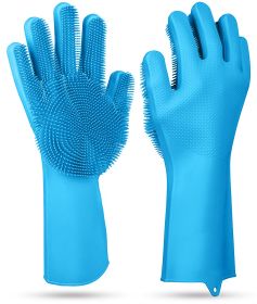 1 Pair Silicone Brush Dishwashing Gloves Cleaning Sponge Pet Scrubber Heat Resistant Wash Gloves (Option: DishWashGloveBlueGPCT1944)