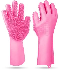 1 Pair Silicone Brush Dishwashing Gloves Cleaning Sponge Pet Scrubber Heat Resistant Wash Gloves (Option: DishWashGlovePinkGPCT1944)