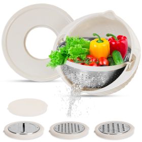 Multifunctional Mixing Bowl with Lid Set 3 Replaceable Graters Food Strainer and Colander Fruit Vegetable Washing Basket Stainless Steel (Option: ColanderBeigeGPCT4598)